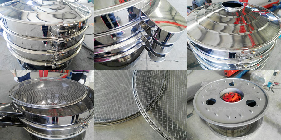 圓形振動篩結(jié)構(gòu)：出料口，底座，進(jìn)料口，篩網(wǎng)等部件展示圖